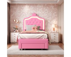 Kinderbed, eenpersoonsbed 90 x 200 cm, gestoffeerd bedframe, kroonhoofdeinde, opbergruimte met 1 lade, verstelbaar hoofdeinde, leren oppervlak, roze, zonder matras (verdeeld over twee pakketten)