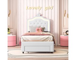 Kinderbed, eenpersoonsbed 90 x 200 cm, gestoffeerd bedframe, kroonhoofdeinde, opbergruimte met 1 lade, verstelbaar hoofdeinde, leren oppervlak, wit, zonder matras (verdeeld in twee pakketten)
