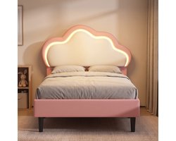 Kinderbed - Eenpersoonsbed 90x200 cm - met LED-verlichting en verstelbaar hoofdbord - Kunstleer - Wolken design - Roze en wit