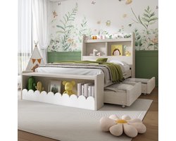 Kinderbed Eenpersoonsbed Opbergbed met Lades, Plank en Bank met Opbergruimte, Houten Bed 90x200 cm, Bedframe en Lattenbodem van Hout, Wit met Eiken Kleur (Zonder Matras)