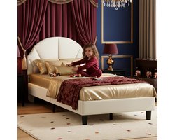 Kinderbed Fluweel Beige 90x200 cm - Eenpersoonsbed met Verstelbaar Hoofdeinde | Modern Schelp Design