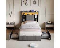 Kinderbed gestoffeerd 90x200cm met LED & USB & 2 lades, moderne opbergruimte aan het hoofd, meisjesbed, jeugdbed, linnen stof, lattenbodem, zonder matras