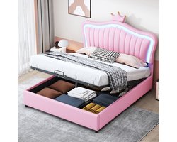 Kinderbed - gestoffeerd bed 140 x 200 cm met opbergruimte - Pink Crown Meisjeseenpersoonsbed met LED-verlichting - zonder matras