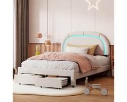 Kinderbed gestoffeerd bed 140x200, eenpersoonsbed voor meisjes, prinsessenbed, jeugdbed met verstelbare led-lichtlijsten en 2 lades, fluweelstof, beige (zonder matras)