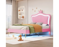 Kinderbed gestoffeerd bed 90 x 200 cm - bedframe voor meisjes - roze kroon-tweepersoonsbedframe van PU-leer met led-verlichting - lattenbodem en rugleuning (matras niet inbegrepen)