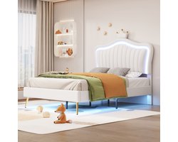 Kinderbed gestoffeerd bed 90 x 200 cm, bedombouw voor meisjes, witte kroon tweepersoonsbedombouw van PU leer met LED verlichting, lattenbodem en rugleuning, wit