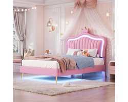 Kinderbed gestoffeerd bed 90 x 200 cm, bedombouw voor meisjes, witte kroon tweepersoonsbedombouw van PU leer met LED verlichting, lattenbodem en rugleuning, roze