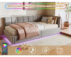 Kinderbed Gestoffeerd Bed 90 x 200 cm Dagbed, Slaapbank Eenpersoonsbed met LED en USB-oplaadpoort en hydraulische opbergruimte, Dagslaapbank met rugleuning en lattenbodem, Zonder matras, Fluweel, Grijs (Gesplitst voor 2 pakketten voor verzending)