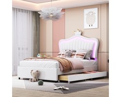 Kinderbed Gestoffeerd bed 90 x 200 cm, kroonbed meisjes 1-persoonsbed van PU leer met opberglades, LED verlichting, lattenbodem en rugleuning, wit