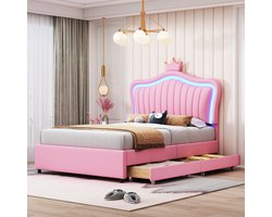 Kinderbed gestoffeerd bed 90 x 200 cm - Roze kroon meisjes eenpersoonsbedframe PU-leer met opberglades - LED-verlichting - Lattenbodem en rugleuning