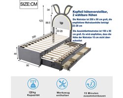 Kinderbed gestoffeerd bed 90 x 200 cm - slaapbank met uitschuifbaar bed - opberglades en LED-verlichting - grijs - zonder matras