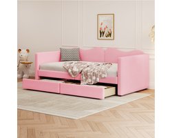 Kinderbed gestoffeerd bed 90*200 cm - Bedbank met 2 laden - Bedframe teddybeer stof - Multifunctioneel zacht bed met rugleuning en armleuningen - Jeugdbed logeerbed - Roze