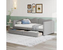 Kinderbed gestoffeerd bed 90*200 cm - Bedbank met 2 laden - Bedframe teddybeer stof - Multifunctioneel zacht bed met rugleuning en armleuningen - Jeugdbed logeerbed - Grijs