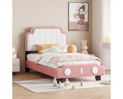 Kinderbed gestoffeerd bed 90*200 cm - PU leer Tweekleurig - geschikt voor jongens en meisjes - unieke styling met lattenbod platbed - Roze (matras niet inbegrepen)