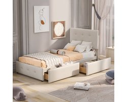 Kinderbed, gestoffeerd bed 90x200 cm, eenpersoonsbed, bed met twee lades, plat jeugdbed, logeerbed, fluweel, beige, zonder matras (2 pakketten)