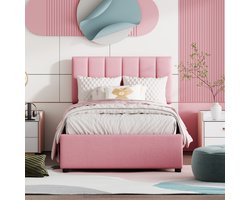 Kinderbed gestoffeerd bed 90x200 cm met opbergruimte - eenpersoonsbed - hoge bedstee - roze - zonder matras