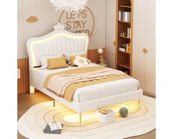 Kinderbed - gestoffeerd bed - afmetingen 90 x 200 cm - bedframe voor meisjes - wit bedframe met kroon, gemaakt van PU-leer - voorzien van ledverlichting - bedframe en rugleuning met streepjesmotief (exclusief matras)