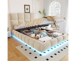 Kinderbed, Gestoffeerd Bed Van 90 X 200 cm Met Lichtstrip, Hoofdeinde En Bedzijden Met Een Volumineus, Robuust Ontwerp, Voorzien Van Een Hydraulisch Opbergsysteem, Bekleed Met Fluweel-Beige