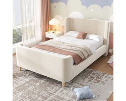 Kinderbed gestoffeerd, eenpersoons hemelbed met kosmisch patroon, 90 x 200 cm, voor jongens en meisjes, beige, fluweel (zonder matras)