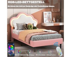Kinderbed, gestoffeerd eenpersoonsbed 90 x 200 cm, bedframe met led-verlichting, wolkenvormig hoofdeinde en lattenbodem, prinsessenbed van PU-leer, meisjesbed, zonder matras