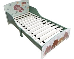 Kinderbed Groen met Beer & Berg Motief – Peuterbed met Uitvalscherm & Bodem 140x70 cm, Totaal 143x77x60 cm (Zonder Matras)