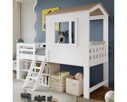 Kinderbed, halfhoog bed, huisbed met dak en raam, vierzijdige omheining, met kleine trap, vrije opbergruimte onder het bed, grenen + MDF + multiplex, wit + naturel, 90 x 200 cm