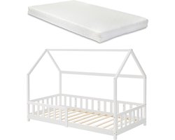 Kinderbed Hesel huisbed met matras en uitvalbeveiliging 90x200 cm wit [en.casa] [neu.haus]