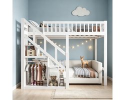 Kinderbed hoogslaper 140x200 cm, houten halfhoogslaper met trap en opbergruimte, bed met sterren veiligheidsrek, wit, zonder matras