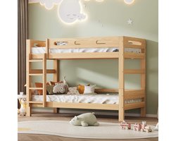 Kinderbed hoogslaper 90 x 200 cm met valbeveiliging en opslag, stapelbed met trap en stabiel houten frame