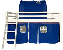 Kinderbed hoogslaper met tent 90×190 cm (zonder matras), ruimte thema, wit grenenhout met katoenen tent, speelbed met veiligheidshekje en ladder