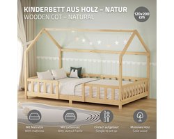 Kinderbed Huisbed 120x200 cm natuurlijk grenen incl. matras H-16cm uitvalbeschermend dak en lattenbodem ML-Design