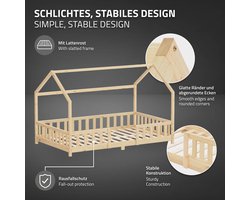 Kinderbed Huisbed 120x200 cm van natuurlijk dennenhout met uitvalbeschermend dak en lattenbodem Houten bed ML-Design