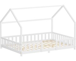 Kinderbed Huisbed 140x200 cm van grenenhout Wit met beschermdak en lattenbodem Houten bed ML-Design