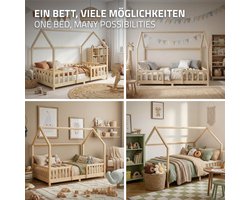 Kinderbed Huisbed 140x200 cm van natuurlijk dennenhout met uitvalbeschermend dak en lattenbodem Houten bed ML-Design