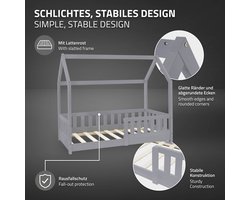 Kinderbed Huisbed 70x140 cm lichtgrijs gemaakt van dennenhout incl. matras H-10cm uitvalveilig dak en lattenbodem ML-Design