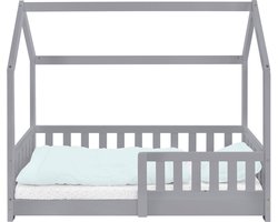 Kinderbed huisbed 70x140 cm lichtgrijs gemaakt van dennenhout met uitvalbeschermend dak en lattenbodem houten bed ML design