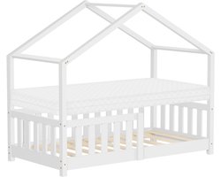 Kinderbed Huisbed 70x140 cm wit gemaakt van dennenhout met matras H:10cm uitvalbescherming en lattenbodem ML-Design