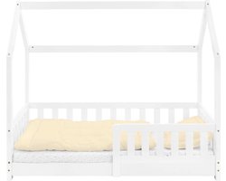 Kinderbed Huisbed 70x140 cm wit gemaakt van dennenhout met uitvalbeschermend dak en lattenbodem Houten bed ML design
