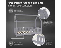 Kinderbed huisbed 80x160 cm lichtgrijs gemaakt van dennenhout incl. matras H-10cm uitvalbeschermend dak en lattenbodem ML-Design