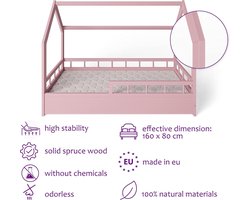 Kinderbed Huisbed 80x160 cm met Valbeveiliging en Lattenbodem – Montessori Peuterbed van Massief Dennenhout, Half Open Barrière, Veilig en Stijlvol Design voor Jongenskamer en Meisjeskamer – Roze – Laura