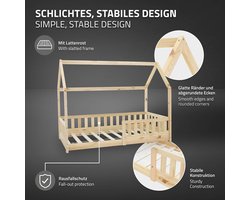 Kinderbed Huisbed 80x160 cm van dennenhout met uitvalbeschermend dak en lattenbodem Houten bed ML design