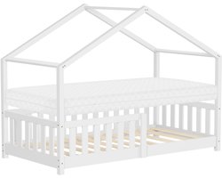 Kinderbed Huisbed 80x160 cm wit gemaakt van dennenhout met matras H:10cm uitvalbescherming en lattenbodem ML-Design