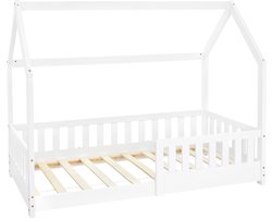Kinderbed Huisbed 80x160 cm wit gemaakt van dennenhout met uitvalbeschermend dak en lattenbodem Houten bed ML design