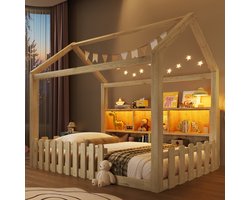 Kinderbed huisbed 90x190 cm - laag bedhuisje met veiligheidshek en opbergvakken - LED verlichting - massief grenenhout - naturel