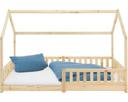 Kinderbed Huisbed 90x200 cm gemaakt van dennenhout met uitvalbeschermend dak en lattenbodem Houten bed ML design