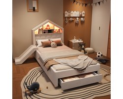 Kinderbed Huisbed 90x200 cm - Glijbaan links/rechts - LED-verlichting - USB-laadpoort - Grote opbergkast - Beige - Frans Fluweel - Gepolsterd - Hoofdrek