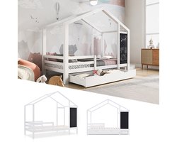 Kinderbed Huisbed 90x200 cm, Houten Bed met Bord en 2 Lades, Massief Hout met Hek en Lattenbodem, Wit (Zonder Matras)
