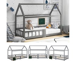 Kinderbed Huisbed 90x200 cm, Houten Bed voor Kinderkamer inclusief Bord, Lattenbodems, Valbeveiliging, van Grenen Hout, Grijs (Zonder Matras)