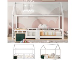 Kinderbed Huisbed 90x200 cm, Houten Bed voor Kinderkamer inclusief Bord, Lattenbodems, Valbeveiliging, van Grenen Hout, Wit (Zonder Matras)