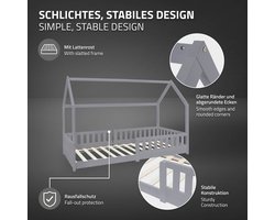 Kinderbed huisbed 90x200 cm lichtgrijs gemaakt van dennenhout met uitvalbeschermend dak en lattenbodem houten bed ML design